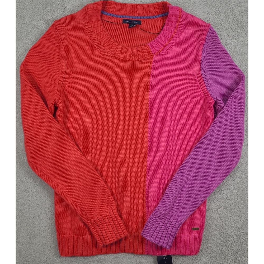 Tommy Hilfiger Womens Colorblock Cotton Crewneck Sweater Red Pink Purple Lg NEW